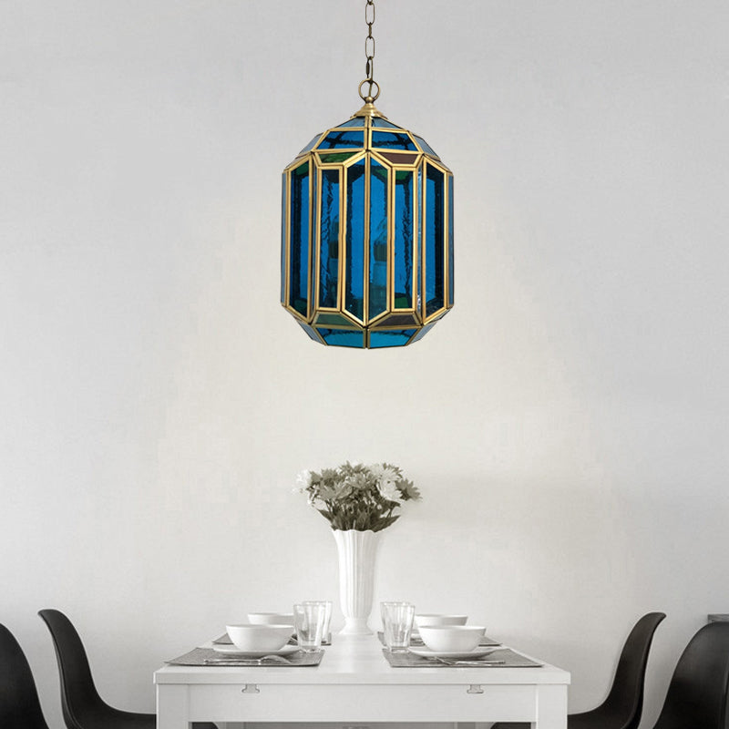 Blue Glass Lantern Ceiling Lamp Vintage 1-Light Bedroom Hanging Pendant Light with Open Bottom