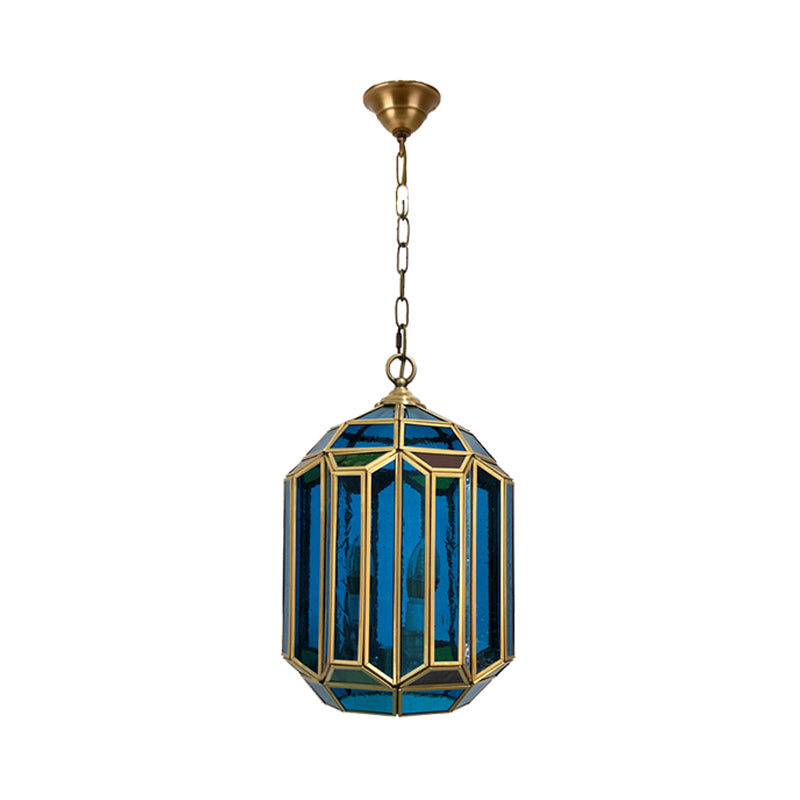 Blue Glass Lantern Ceiling Lamp Vintage 1-Light Bedroom Hanging Pendant Light with Open Bottom