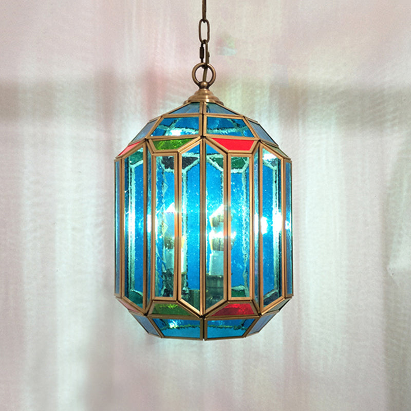 Blue Glass Lantern Ceiling Lamp Vintage 1-Light Bedroom Hanging Pendant Light with Open Bottom