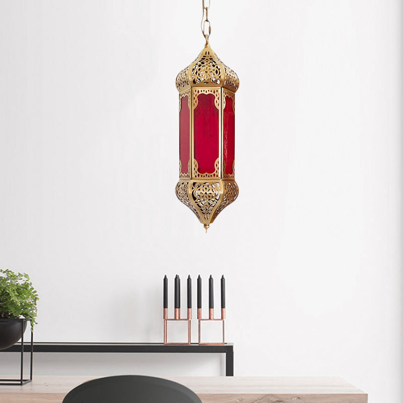 Arab Lantern Hanging Light 1 Bulb Red Glass Pendant Lighting Fixture with Hollow Pattern