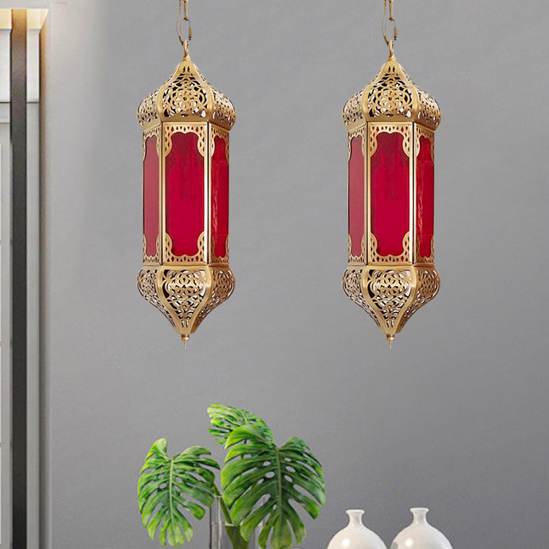 Arab Lantern Hanging Light 1 Bulb Red Glass Pendant Lighting Fixture with Hollow Pattern