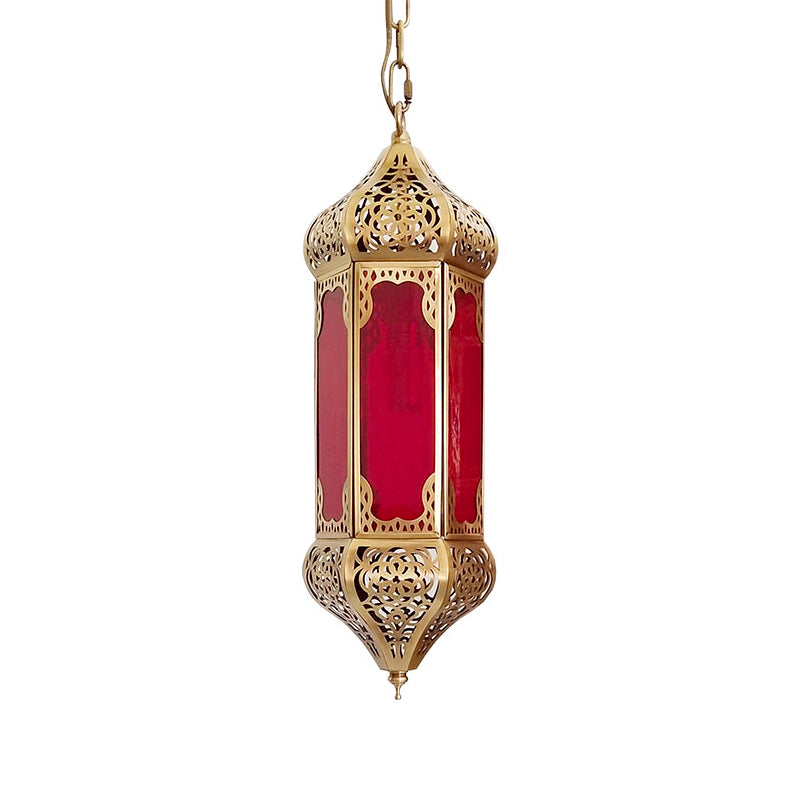 Arab Lantern Hanging Light 1 Bulb Red Glass Pendant Lighting Fixture with Hollow Pattern