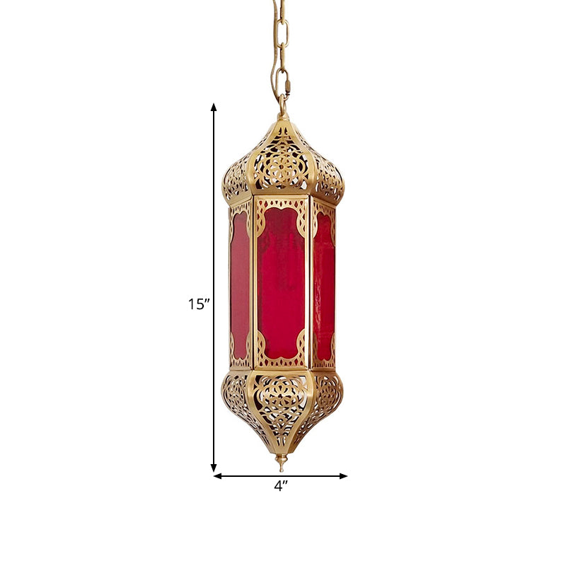 Arab Lantern Hanging Light 1 Bulb Red Glass Pendant Lighting Fixture with Hollow Pattern