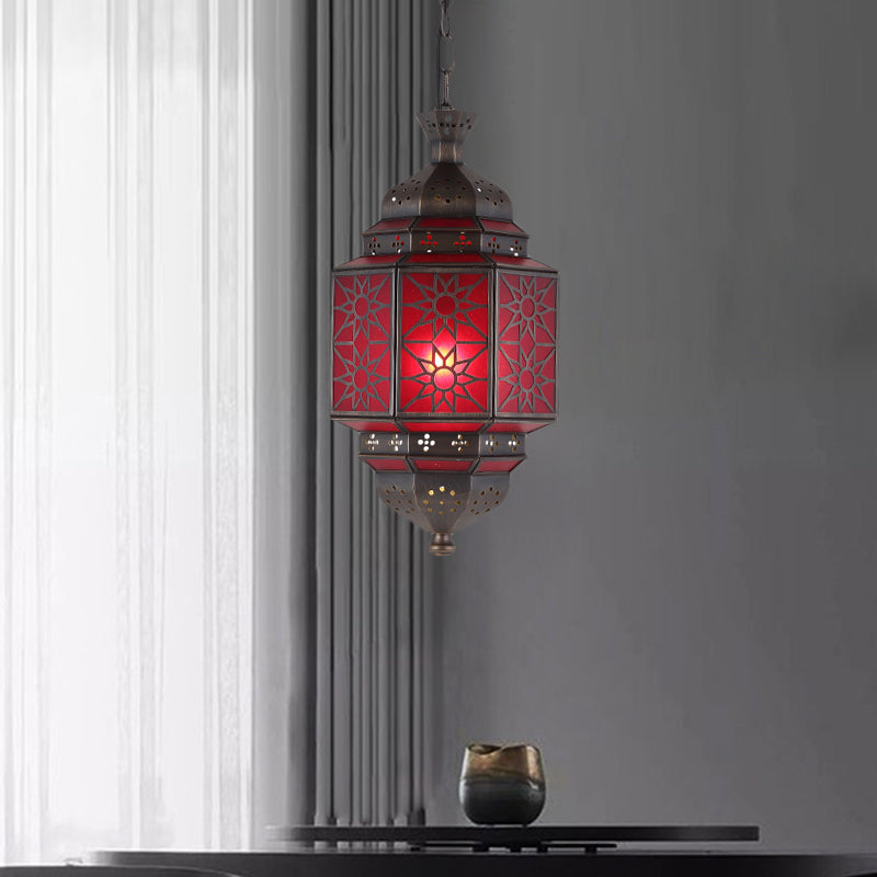 Metal Lantern Suspension Lighting Arab 1 Head Restaurant Drop Lamp with Red Glass Shade