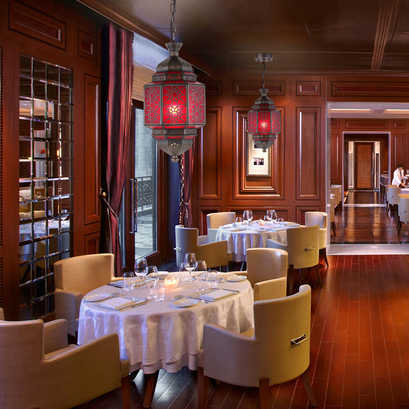 Metal Lantern Suspension Lighting Arab 1 Head Restaurant Drop Lamp with Red Glass Shade