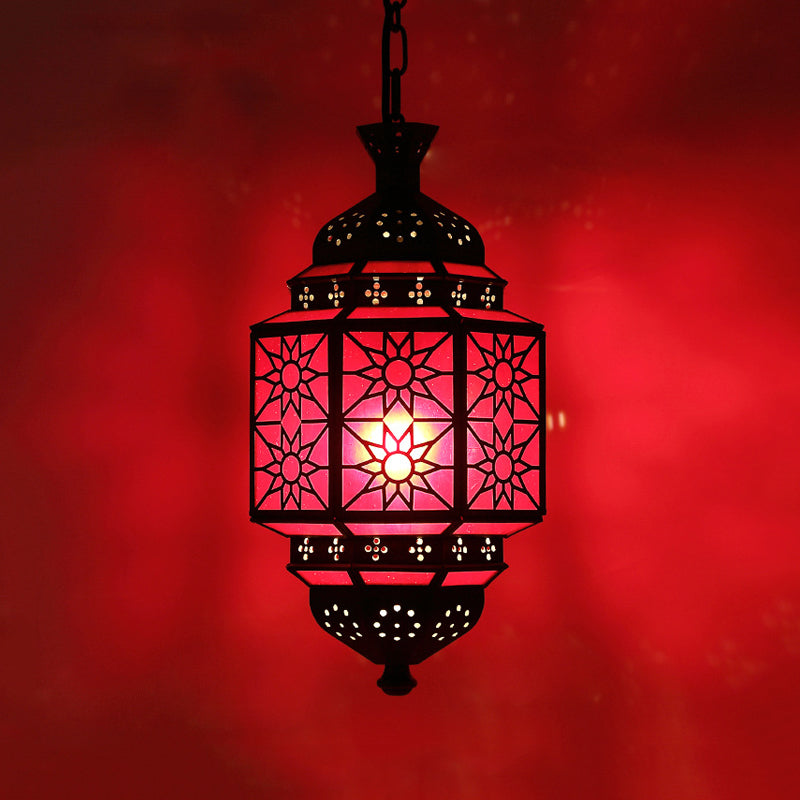 Metal Lantern Suspension Lighting Arab 1 Head Restaurant Drop Lamp with Red Glass Shade