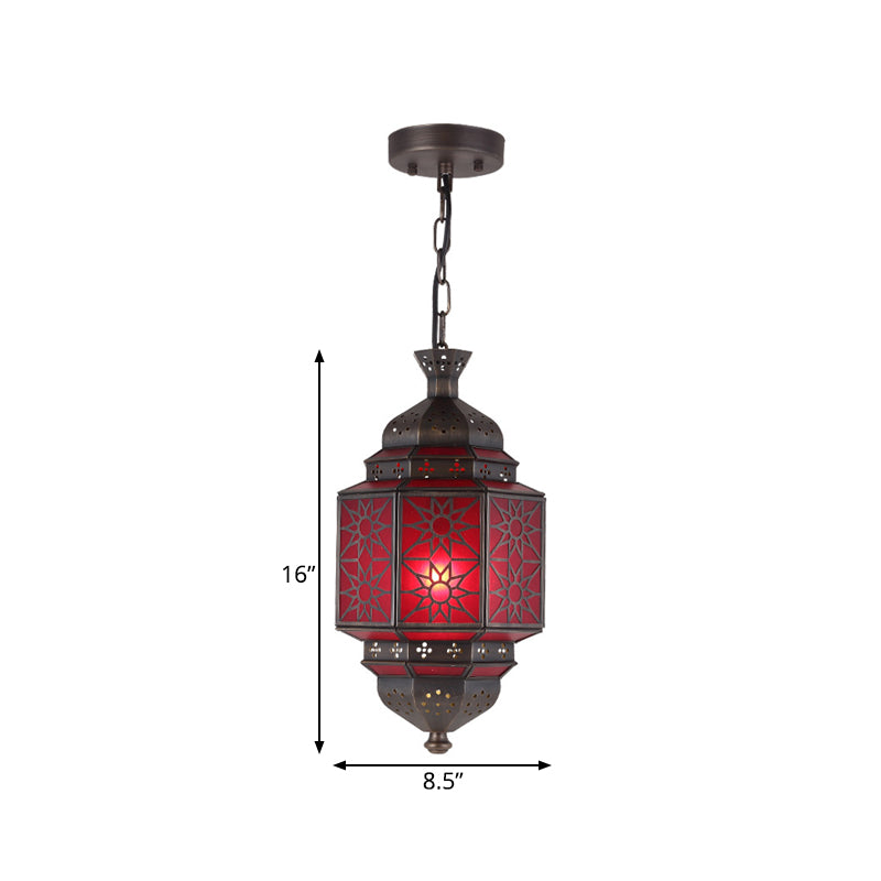 Metal Lantern Suspension Lighting Arab 1 Head Restaurant Drop Lamp with Red Glass Shade