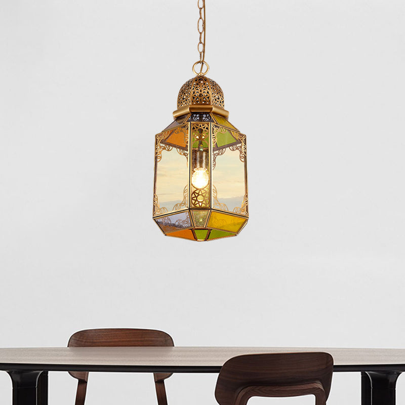 Single Bulb Ceiling Lamp Retro Living Room Pendant with Lantern Clear Glass Shade in Brass