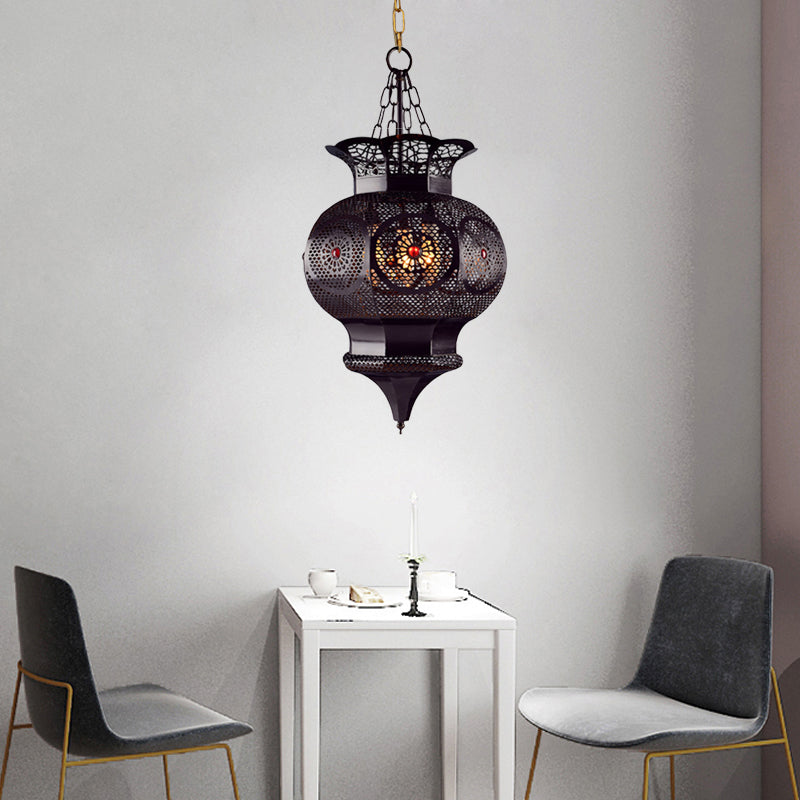 Black 3-Head Chandelier Lighting Arab Metal Vase Ceiling Lamp with Hollow Pattern for Bedroom
