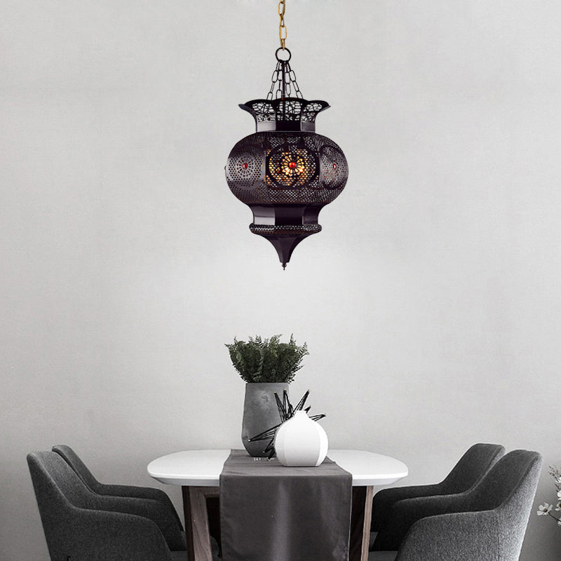 Black 3-Head Chandelier Lighting Arab Metal Vase Ceiling Lamp with Hollow Pattern for Bedroom