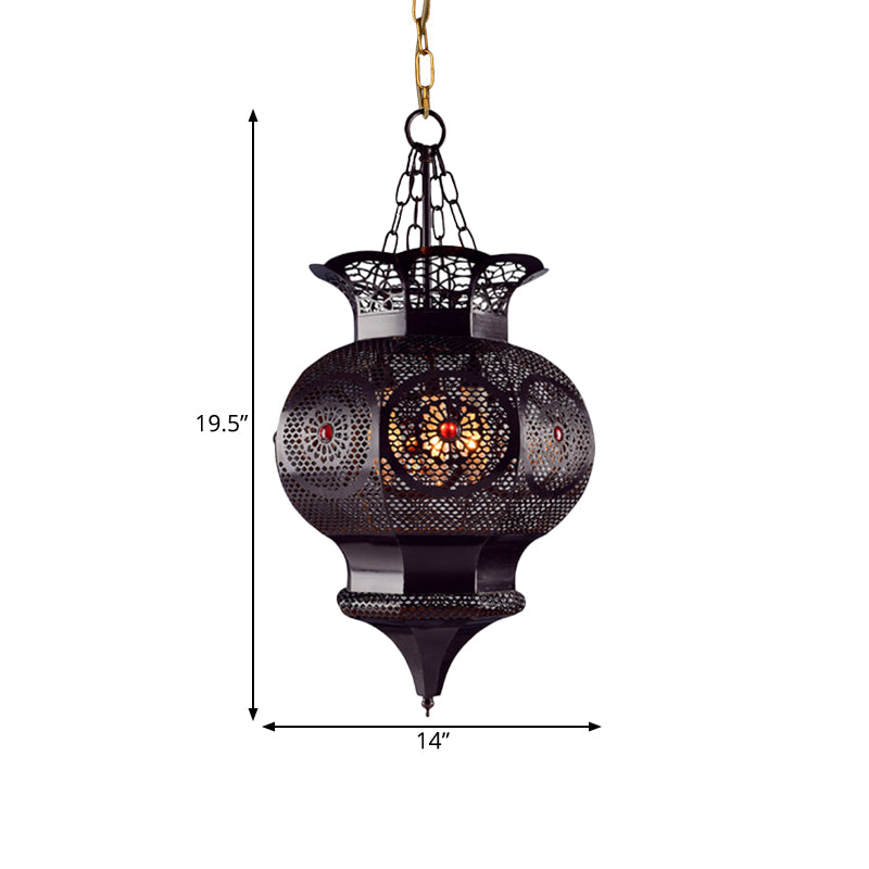 Black 3-Head Chandelier Lighting Arab Metal Vase Ceiling Lamp with Hollow Pattern for Bedroom