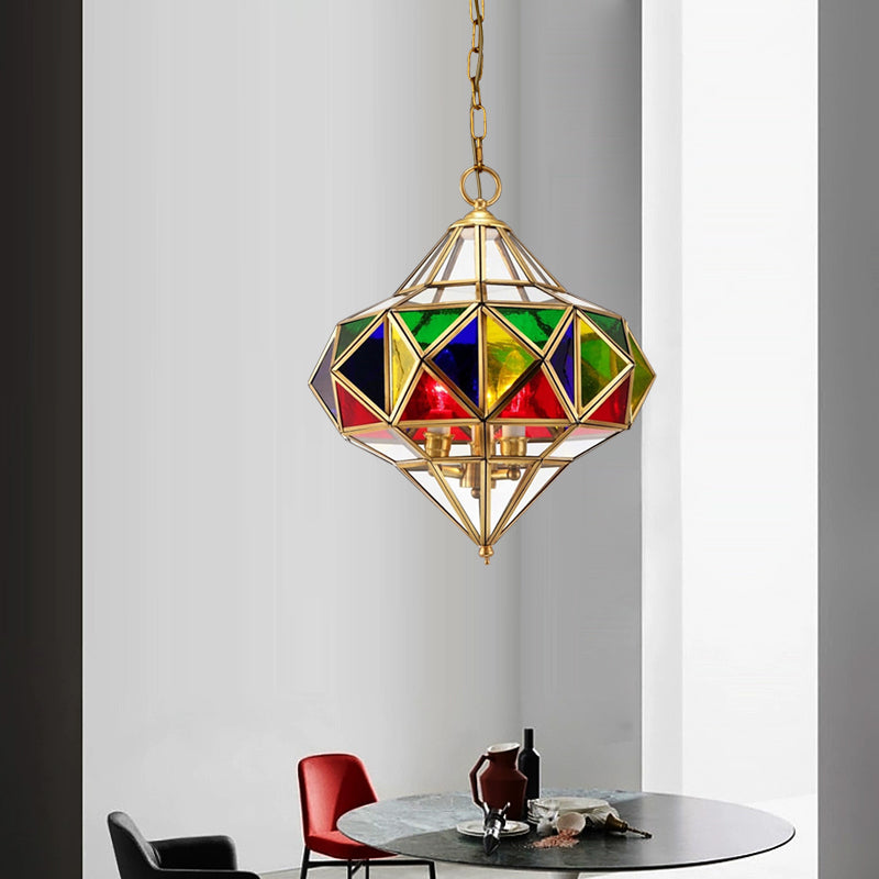 Antique Prism Pendant Chandelier 3-Head Colorful Glass Hanging Ceiling Light in Brass