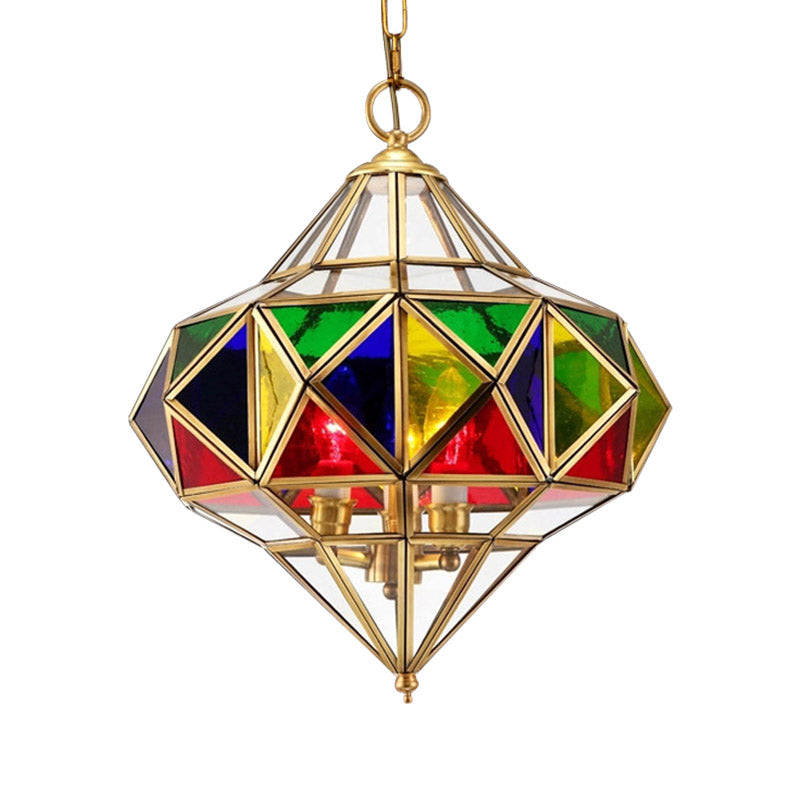 Antique Prism Pendant Chandelier 3-Head Colorful Glass Hanging Ceiling Light in Brass