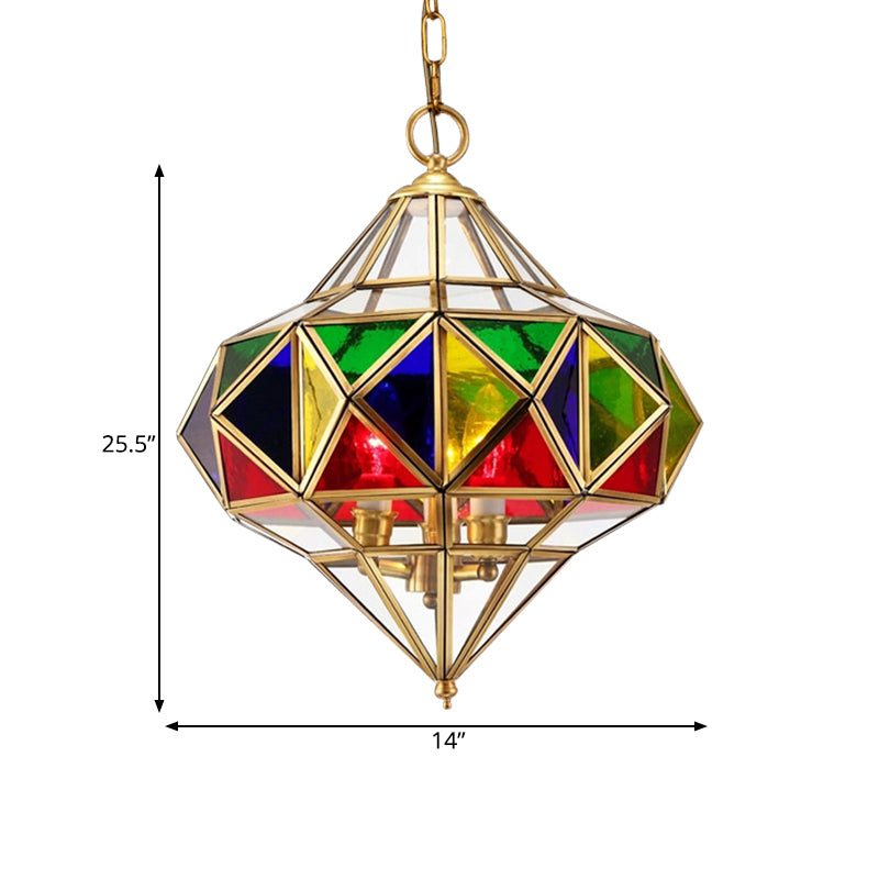 Antique Prism Pendant Chandelier 3-Head Colorful Glass Hanging Ceiling Light in Brass