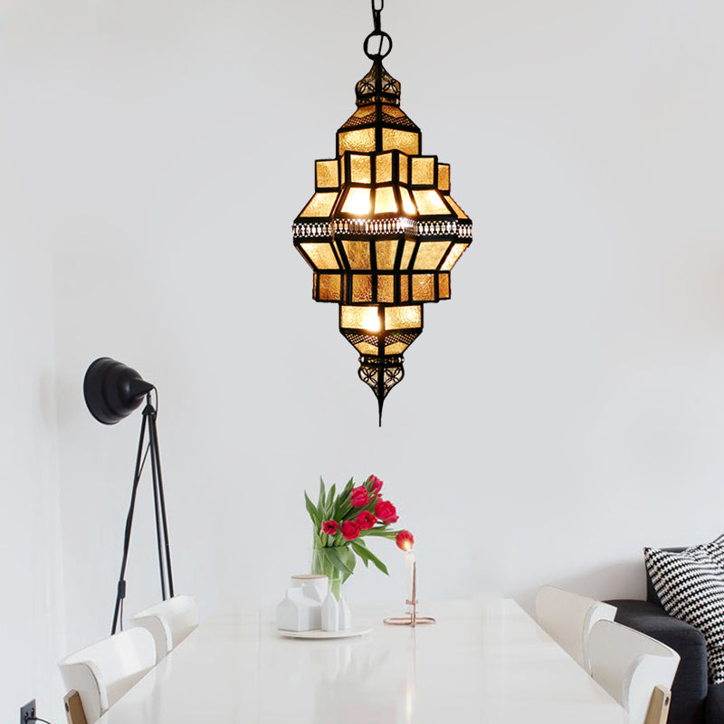 4-Light Hanging Lamp Decorative Restaurant Chandelier with Lantern Amber Glass Shade in Gold