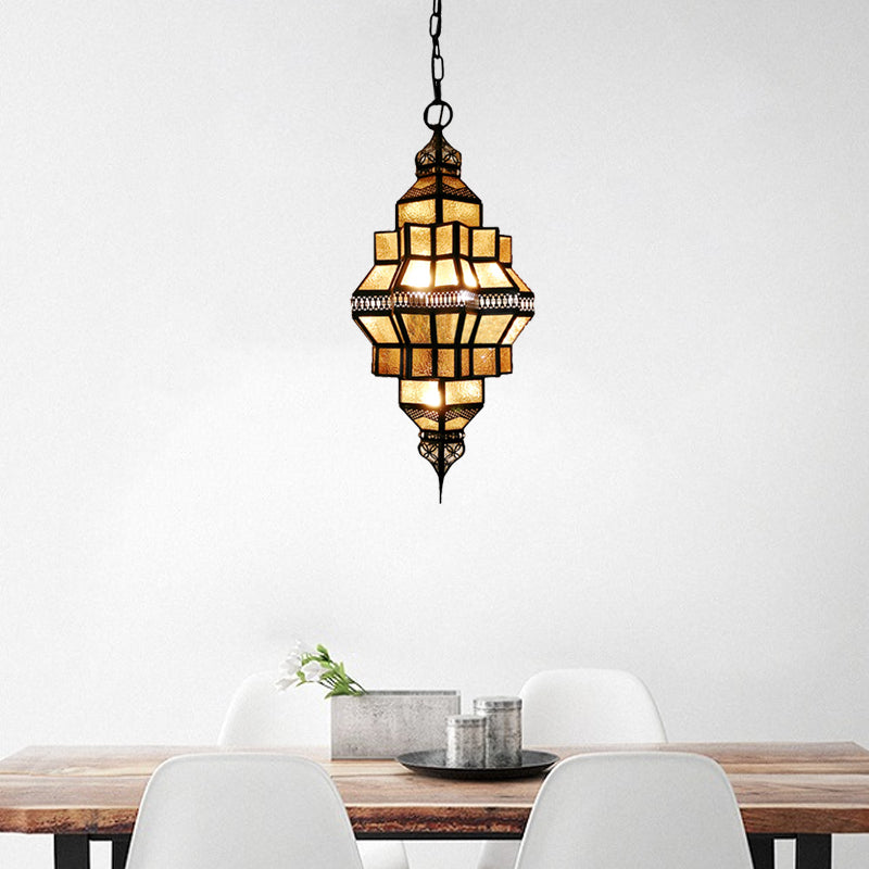 4-Light Hanging Lamp Decorative Restaurant Chandelier with Lantern Amber Glass Shade in Gold