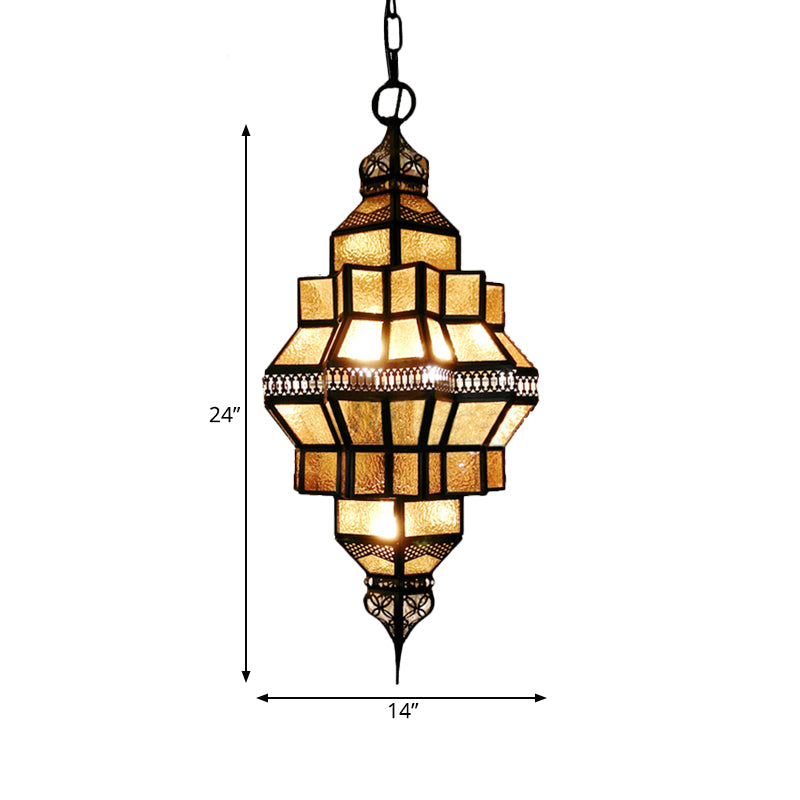 4-Light Hanging Lamp Decorative Restaurant Chandelier with Lantern Amber Glass Shade in Gold