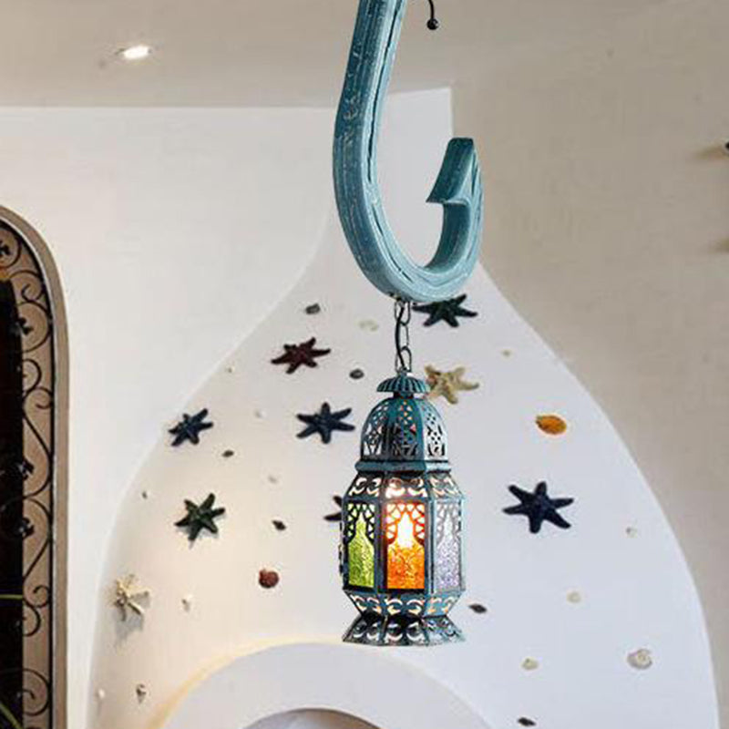 Art Deco Lantern Pendant Lighting 1 Head Stained Glass Suspension Light in Blue with Wooden Hook Rod