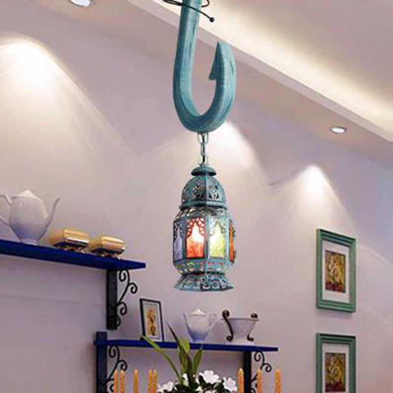 Art Deco Lantern Pendant Lighting 1 Head Stained Glass Suspension Light in Blue with Wooden Hook Rod