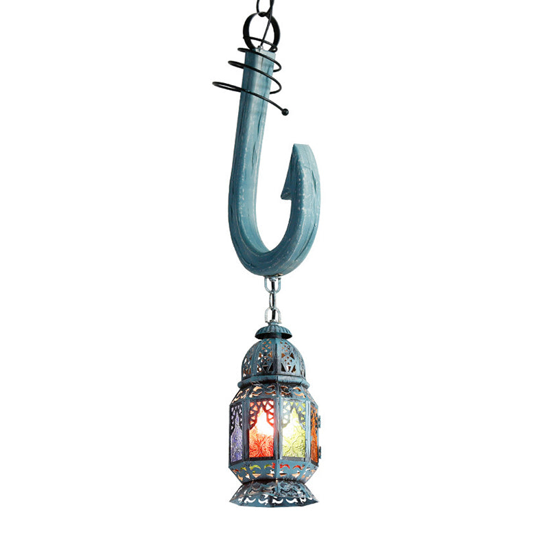 Art Deco Lantern Pendant Lighting 1 Head Stained Glass Suspension Light in Blue with Wooden Hook Rod
