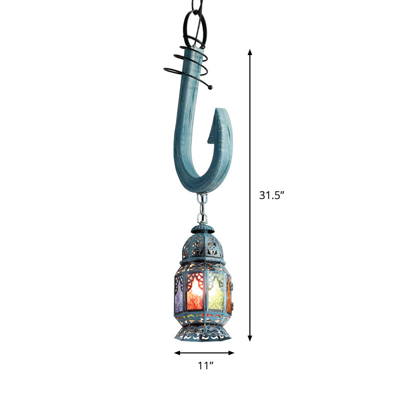 Art Deco Lantern Pendant Lighting 1 Head Stained Glass Suspension Light in Blue with Wooden Hook Rod