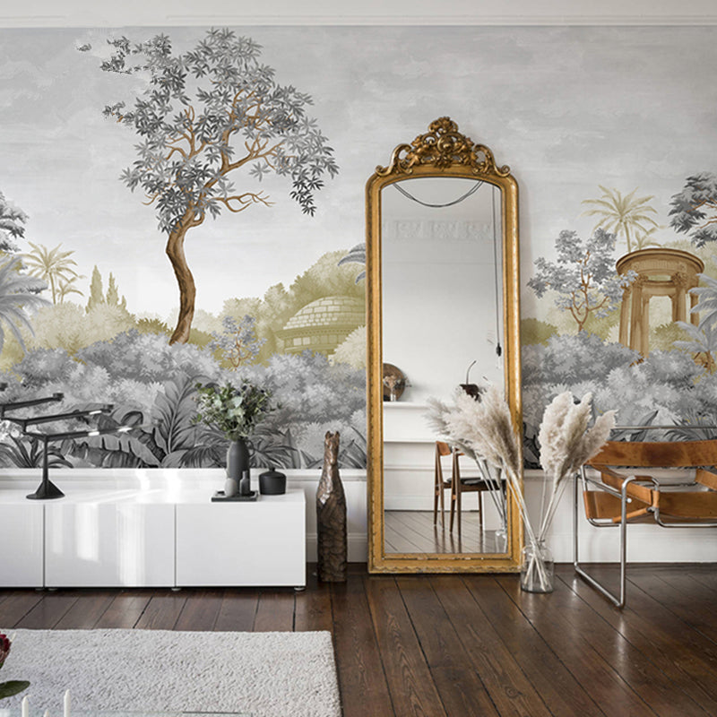 Jungle Wall Art in Soft Grey, Contemporary Wall Mural for Accent Wall