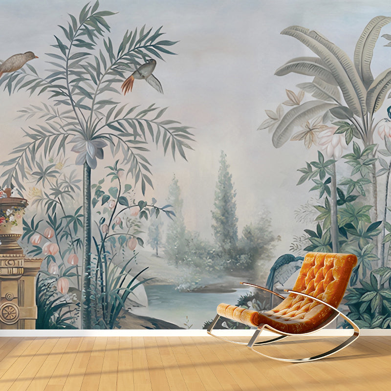 Full Size Misty Jungle Mural in Blackish Green Non-Woven Fabric Wall Covering for Home Decor, Custom-printed