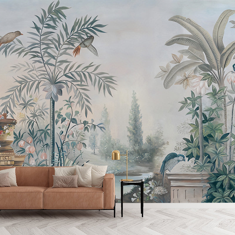 Full Size Misty Jungle Mural in Blackish Green Non-Woven Fabric Wall Covering for Home Decor, Custom-printed