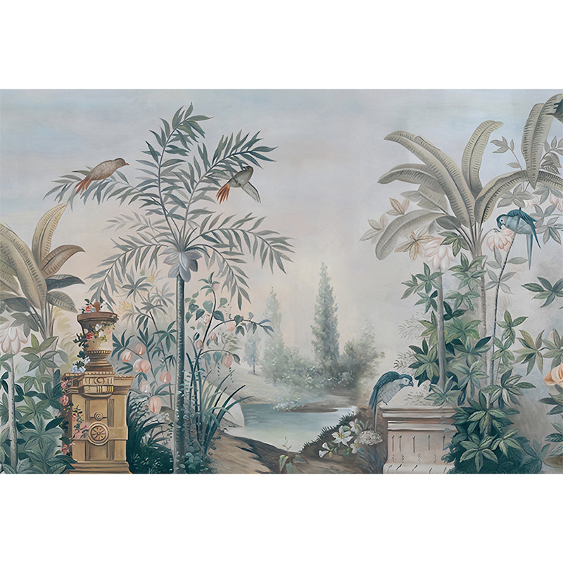 Full Size Misty Jungle Mural in Blackish Green Non-Woven Fabric Wall Covering for Home Decor, Custom-printed