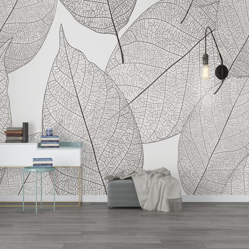 Contemporary Leaf Texture Mural Wallpaper in Grey Living Room Wall Art, Personalized Size Available