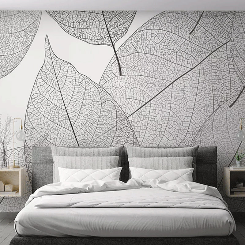 Contemporary Leaf Texture Mural Wallpaper in Grey Living Room Wall Art, Personalized Size Available
