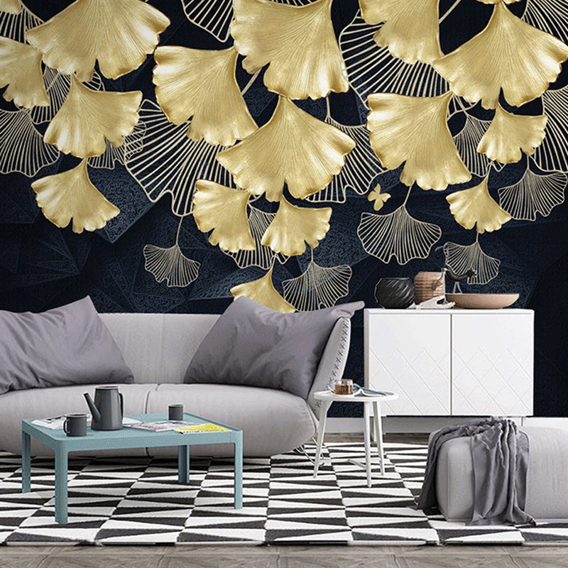 Gold Ginkgo Wall Covering Stain-Resistant Wall Mural for Living Room