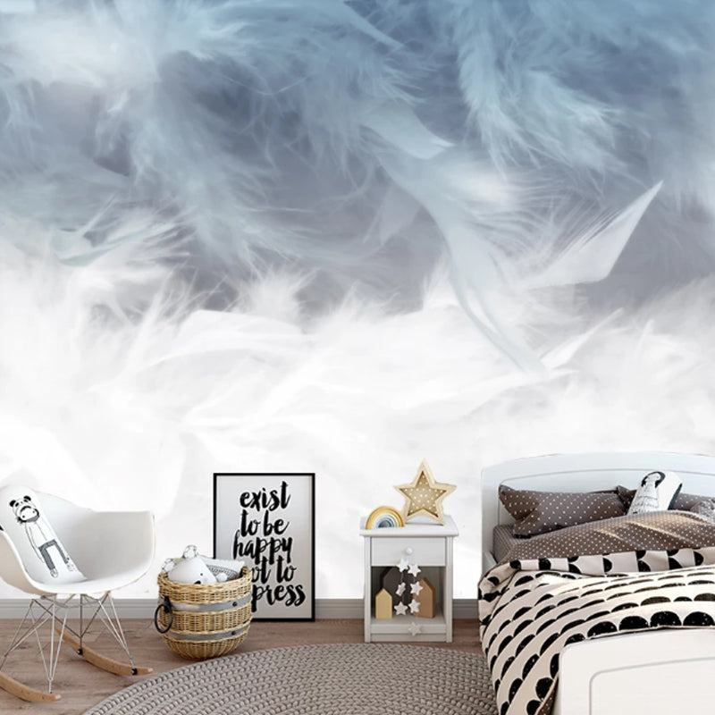 Feather Wall Art in Grey and Blue, Minimalist Wall Mural for Home Decoration