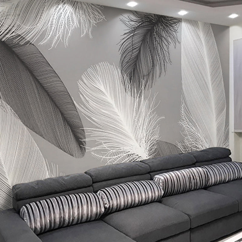 Whole Feather Mural for Living Room Fantasy Texture Wall Art in Grey, Stain-Resistant
