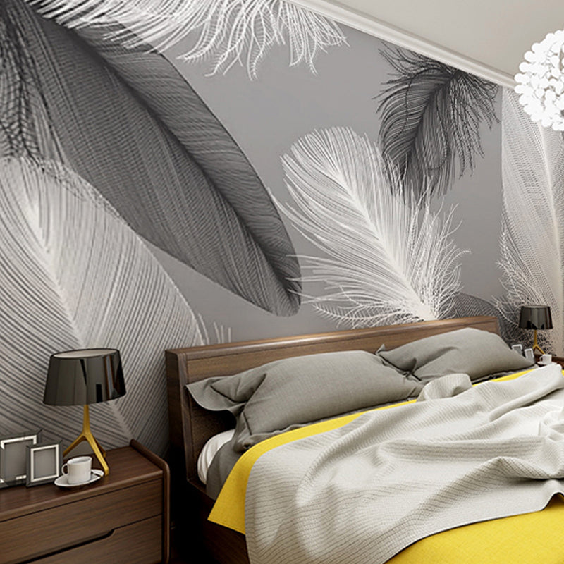 Whole Feather Mural for Living Room Fantasy Texture Wall Art in Grey, Stain-Resistant