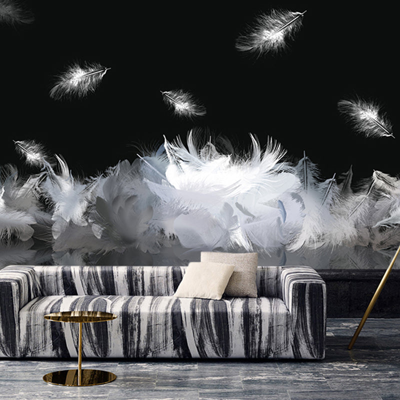 Full Illustration Scandinavian Wall Covering for Accent Wall with Swirling Feather Design in Black and White