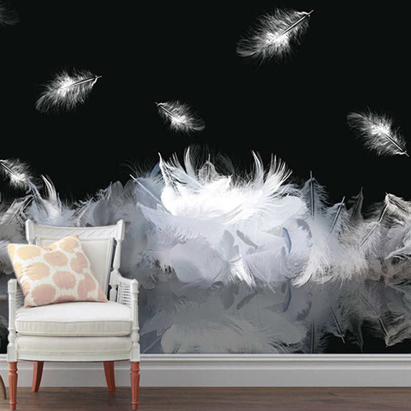 Full Illustration Scandinavian Wall Covering for Accent Wall with Swirling Feather Design in Black and White