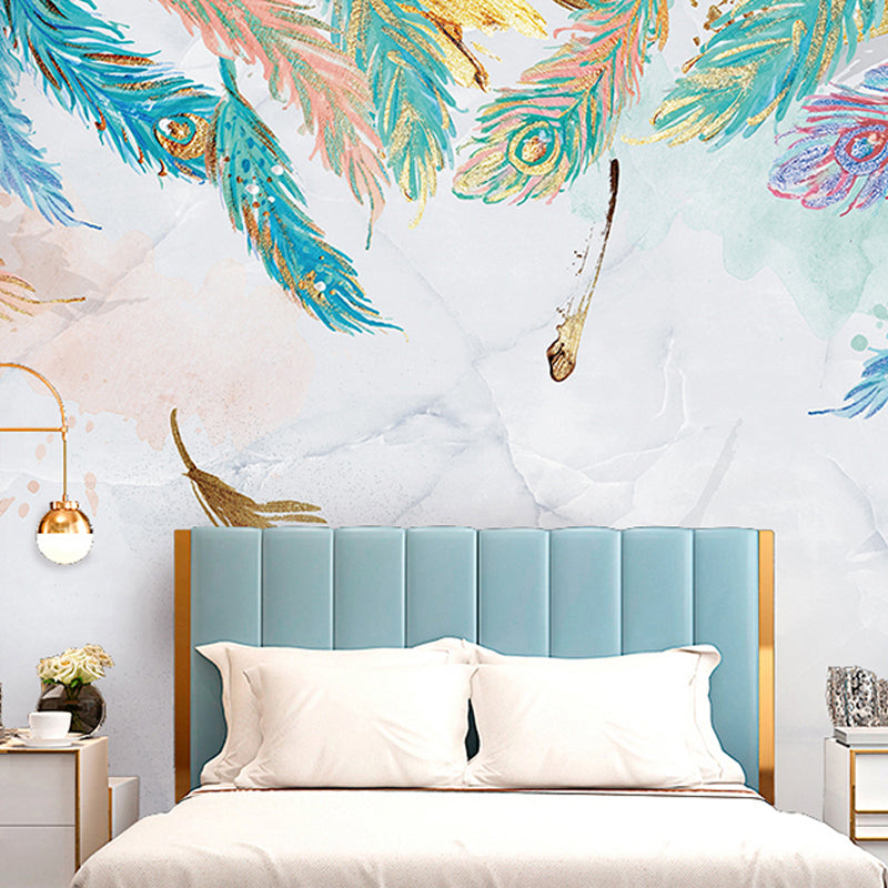 Non-Woven Fabric Full Mural Wallpaper Multicolored Feather Wall Covering, Made to Measure