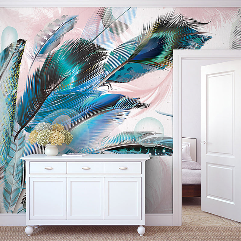 Elegant Feather Wall Mural for Living Room Chinese Traditional Wall Covering in Aqua, Made to Measure