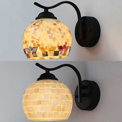 1 Head Sphere Wall Light Fixture Tiffany Beige/Beige-Red Stained Shell Sconce Lighting with Curved Arm