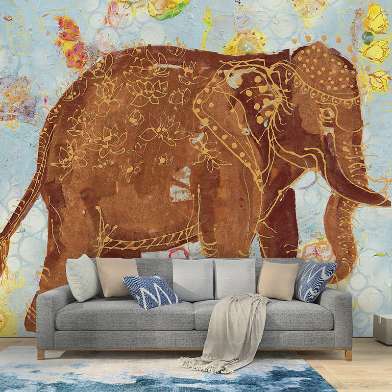 Non-Woven Material Large Mural Brown Cartoon Elephant Wall Art, Made to Measure