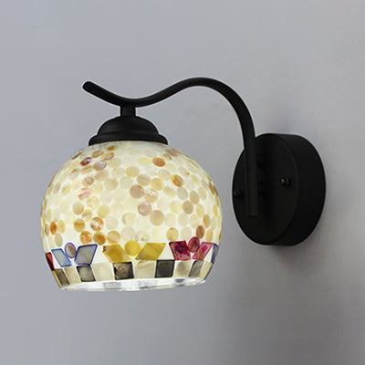 1 Head Sphere Wall Light Fixture Tiffany Beige/Beige-Red Stained Shell Sconce Lighting with Curved Arm
