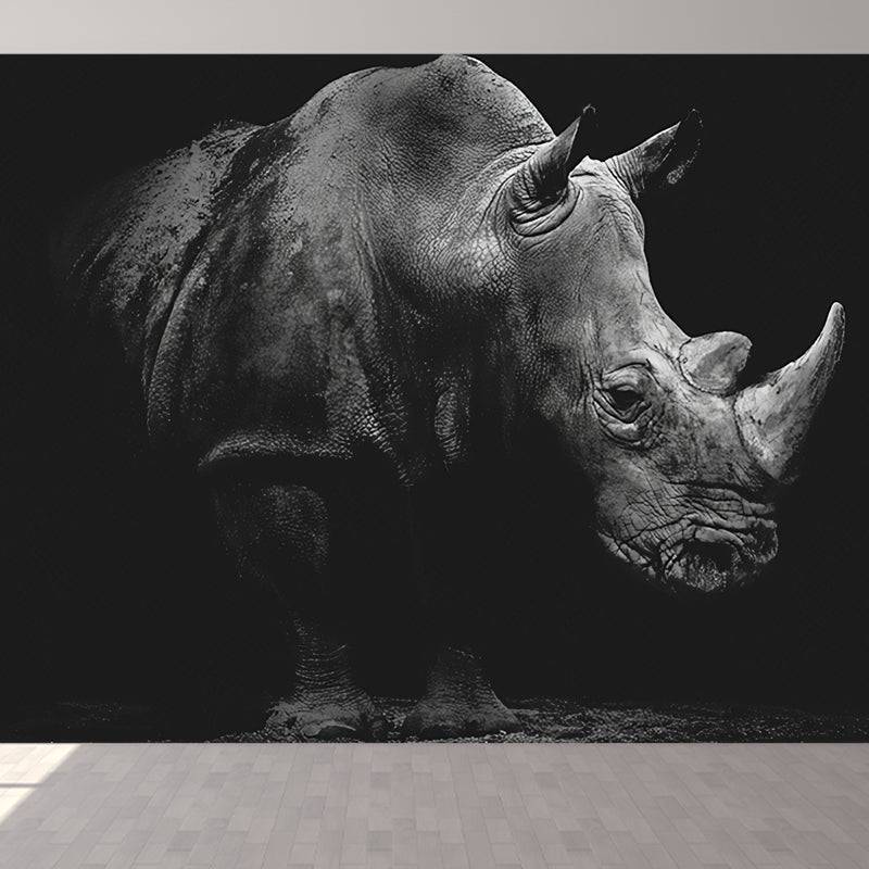 Grey and Black Rhinoceros Mural Waterproof Wall Covering for Living Room