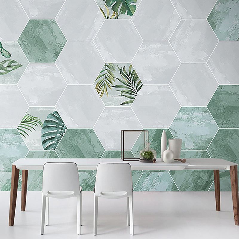 Illustration Style Modern Wall Mural with Hexagon in Green and White, Made to Measure