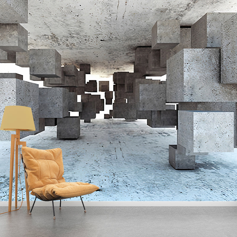 Whole Mural Wallpaper for Coffee Shop with 3D Irregular Block in Industrial Color, Stain-Resistant