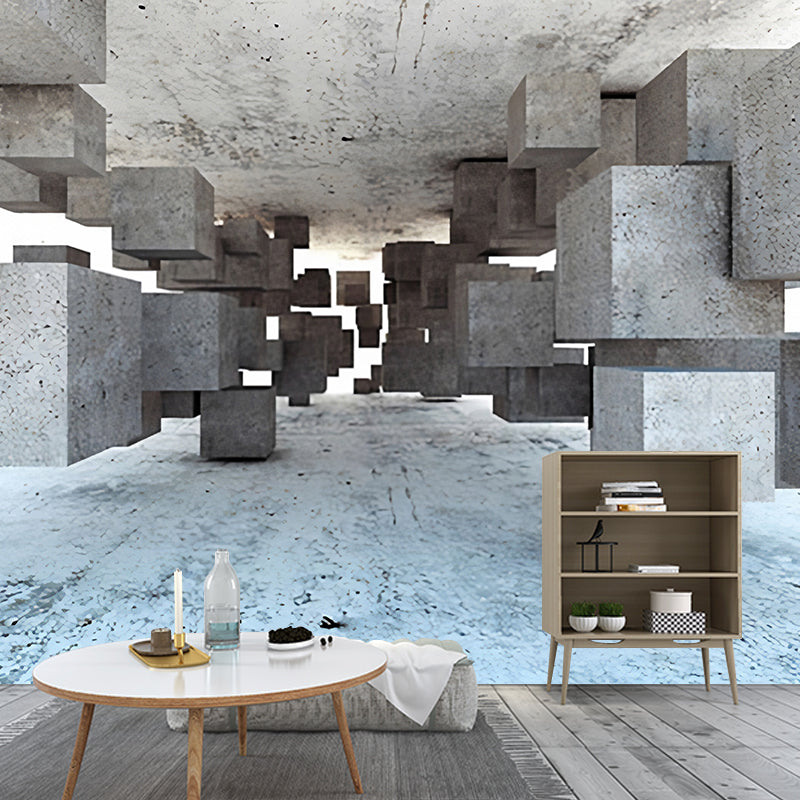 Whole Mural Wallpaper for Coffee Shop with 3D Irregular Block in Industrial Color, Stain-Resistant