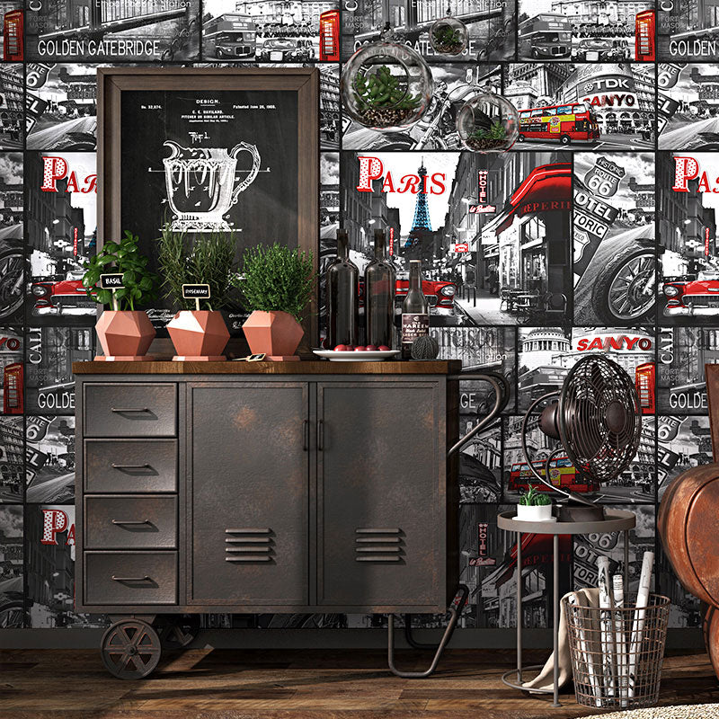 Nostalgic Paris Street Wallpaper Roll Non-Pasted Paper Wall Covering in Grey and Red, 57.1 sq ft.