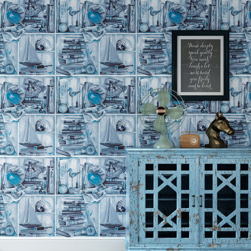 Plaster Non-Pasted Wallpaper with Sailing Boat and Globe, 33'L x 20.5"W, Dark Color