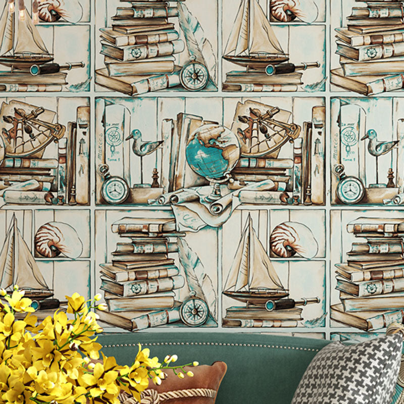 Plaster Non-Pasted Wallpaper with Sailing Boat and Globe, 33'L x 20.5"W, Dark Color