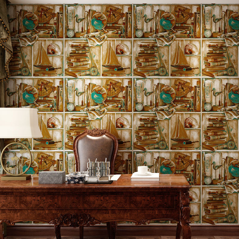 Plaster Non-Pasted Wallpaper with Sailing Boat and Globe, 33'L x 20.5"W, Dark Color